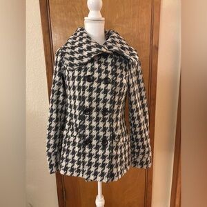 Classic Houndstooth Wool Blend Pea Coat